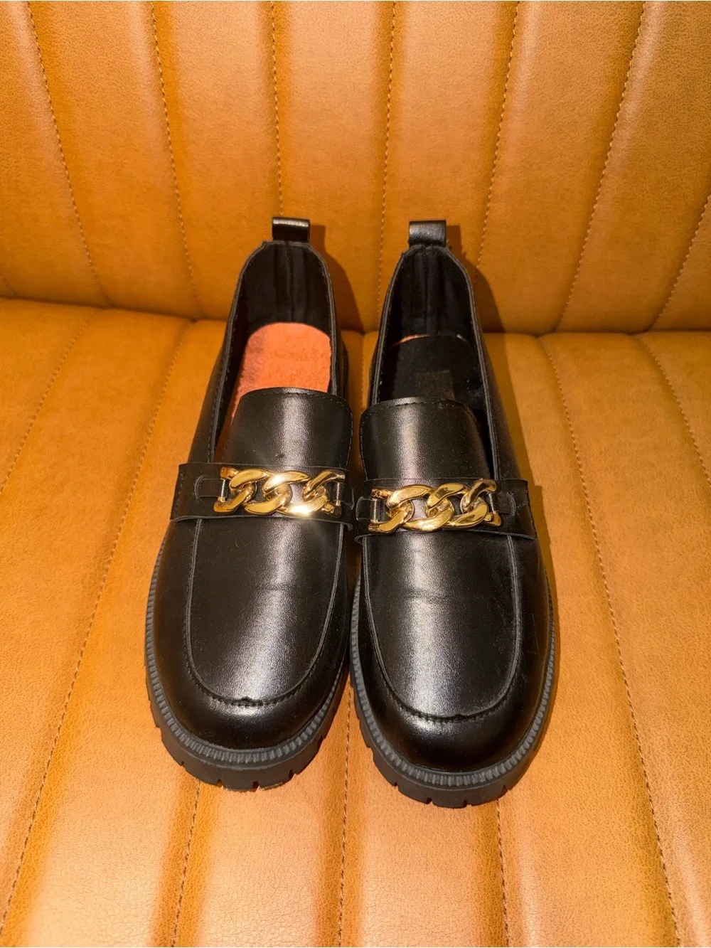 Black Leather Chain-Trim Women’s Loafers